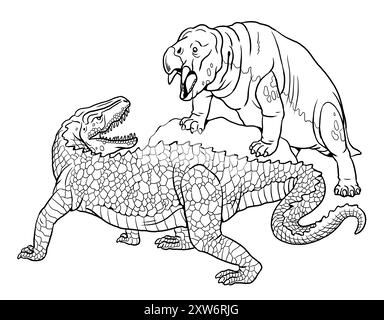 Il dinosauro carnivoro Postosuchus attacca i Placerias. I dinosauri combattono per colorare. Disegno con animali preistorici. Foto Stock