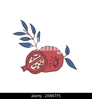 Melagrani isolati su sfondo bianco. Frutta e foglie mature. Illustrazione vettoriale disegnata a mano Illustrazione Vettoriale