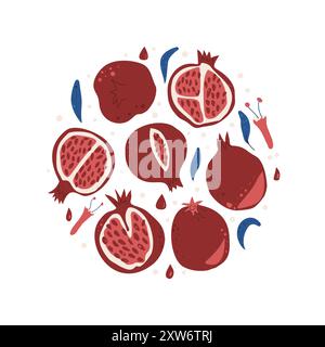 Emblema circolare melograno. Illustrazione del set di composizione rotondo di foglie e frutti disegnati a mano con vettore isolato su sfondo bianco. Illustrazione Vettoriale