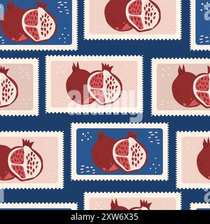 Melograni emblemi rettangolari motivo senza cuciture. Ripetizione dello sfondo patchwork. Il design dei montanti retro a frutto maturo presenta un motivo di superficie. Vettoriale disegnato a mano f Illustrazione Vettoriale