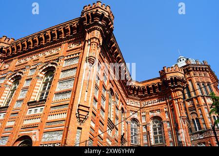 Una vista dal basso verso l'alto della facciata in mattoni decorati della scuola superiore greca privata Fener, costruita sulla storica penisola di Istanbul, Turchia Foto Stock