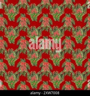 Mazzi di Natale con rametti di abete verde e frutti di bosco. Illustrazione botanica acquerello isolata su sfondo rosso. Vintag Foto Stock