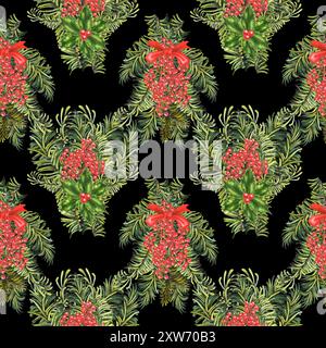 Mazzi di Natale con rametti di abete verde e frutti di bosco. Illustrazione botanica acquerello isolata su sfondo nero. Vint Foto Stock