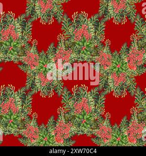 Mazzi di Natale con rametti di abete verde e frutti di bosco. Illustrazione botanica acquerello isolata su sfondo rosso. Vintag Foto Stock