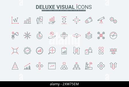 Frecce per la presentazione del set di icone delle linee di crescita e scala. Strumenti per ingrandire e ridurre al minimo, ridimensionare ed espandere, controllare la dimensione e la direzione dei simboli sottili di contorno nero e rosso illustrazione vettoriale Illustrazione Vettoriale