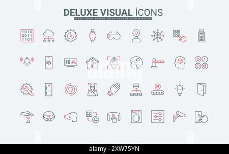 Tecnologia IoT, set di icone di linea per la casa intelligente. Accesso sicuro e controllo delle impostazioni di dispositivi e apparecchiature elettriche con scansione oculare e impronte digitali sottili simboli di contorno neri e rossi illustrazione vettoriale Illustrazione Vettoriale