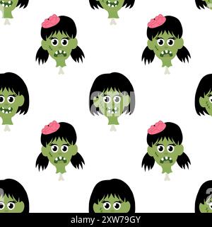 Motivo senza cuciture con la testa sulle ossa delle ragazze zombie. Illustrazione di Halloween Cartoon Flat Vector. Illustrazione Vettoriale