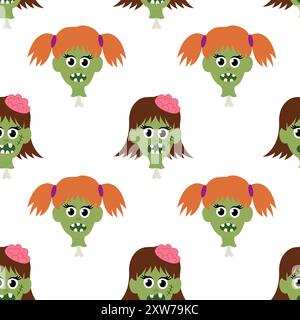 Motivo senza cuciture con la testa sulle ossa delle ragazze zombie. Illustrazione di Halloween Cartoon Flat Vector. Illustrazione Vettoriale
