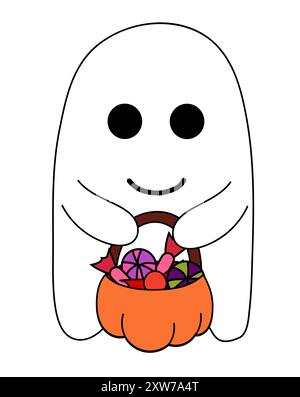 Un simpatico fantasma di Halloween che regge la zucca con caramelle. Personaggi dei cartoni animati delle festività. Illustrazione piatta vettoriale. Illustrazione Vettoriale