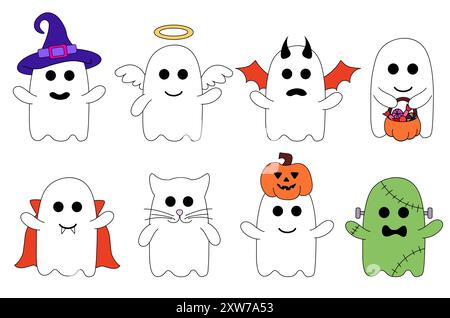Simpatici fantasmi di Halloween in costumi. Personaggi dei cartoni animati delle festività. Illustrazione piatta vettoriale. Illustrazione Vettoriale