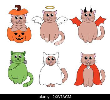 Simpatici gatti di Halloween in costume. Personaggi kawaii dei cartoni animati natalizi. Illustrazione piatta vettoriale. Illustrazione Vettoriale