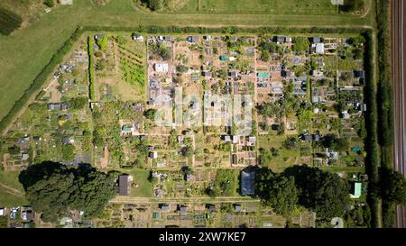 Vista aerea degli uccelli dei droni dei giardini di Norfolk, Regno Unito, in estate. Ampio spazio verde aperto e verdure fresche Foto Stock