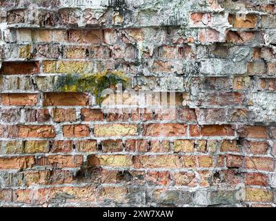 Lo sfondo di un vecchio muro di mattoni rossi sbriciolati Foto Stock