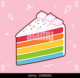 Fetta di torta di compleanno colorata arcobaleno, cartoncino di auguri di buon compleanno con scarabocchi disegnati a mano. Simpatica illustrazione della clipart vettoriale dei cartoni animati. Illustrazione Vettoriale