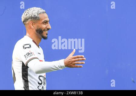 Youssef Maziz dell'OHL festeggia dopo aver segnato durante una partita di calcio tra OH Leuven e Cercle Brugge, domenica 18 agosto 2024 a Lovanio, il quarto giorno della stagione 2024-2025 della prima divisione del campionato belga "Jupiler Pro League". BELGA FOTO JILL DELSAUX Foto Stock