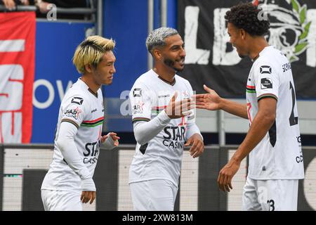 Youssef Maziz dell'OHL festeggia dopo aver segnato durante una partita di calcio tra OH Leuven e Cercle Brugge, domenica 18 agosto 2024 a Lovanio, il quarto giorno della stagione 2024-2025 della prima divisione del campionato belga "Jupiler Pro League". BELGA FOTO JILL DELSAUX Foto Stock