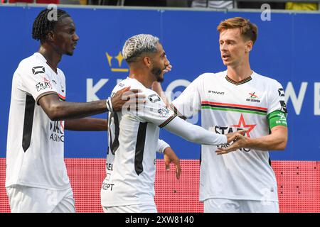 Youssef Maziz dell'OHL festeggia dopo aver segnato durante una partita di calcio tra OH Leuven e Cercle Brugge, domenica 18 agosto 2024 a Lovanio, il quarto giorno della stagione 2024-2025 della prima divisione del campionato belga "Jupiler Pro League". BELGA FOTO JILL DELSAUX Foto Stock