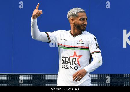 Youssef Maziz dell'OHL festeggia dopo aver segnato durante una partita di calcio tra OH Leuven e Cercle Brugge, domenica 18 agosto 2024 a Lovanio, il quarto giorno della stagione 2024-2025 della prima divisione del campionato belga "Jupiler Pro League". BELGA FOTO JILL DELSAUX Foto Stock