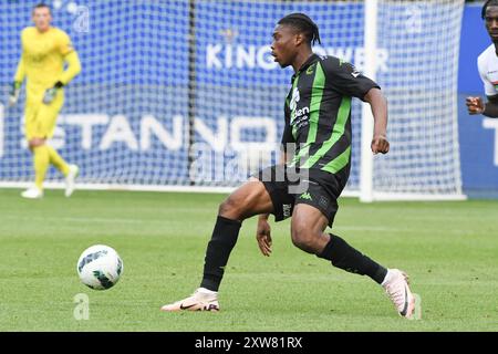 Abu Francis di Cercle raffigurato in azione durante una partita di calcio tra OH Leuven e Cercle Brugge, domenica 18 agosto 2024 a Lovanio, il quarto giorno della stagione 2024-2025 della prima divisione del campionato belga 'Jupiler Pro League'. BELGA FOTO JILL DELSAUX Foto Stock