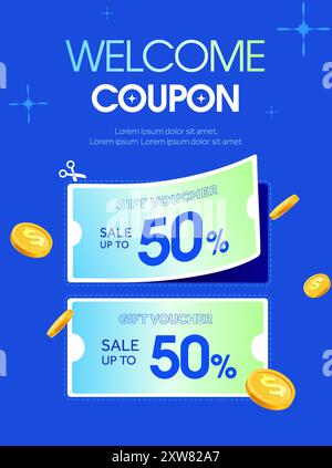 buono di benvenuto 3d con percentuale di sconto e codice coupon, isolato, in un concetto carino. Modello banner voucher sconto speciale. Banner calendario coupon 3D o modello poster. Illustrazione vettoriale. Illustrazione vettoriale Illustrazione Vettoriale