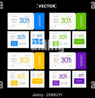 Confezione di buoni tradizionali con diversi colori, data e ora, codice del buono. Set di coupon isolato su sfondo nero. Modello di voucher per la promozione speciale. Illustrazione vettoriale. Illustrazione vettoriale Illustrazione Vettoriale