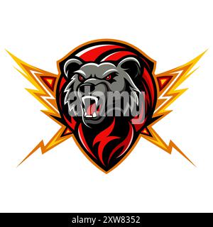 Logo di un orso su uno scudo con un fulmine intorno, logo di una squadra di pallacanestro, una squadra di calcio o una mascotte di una squadra sportiva. design piatto vettoriale grafico. Illustrazione Vettoriale