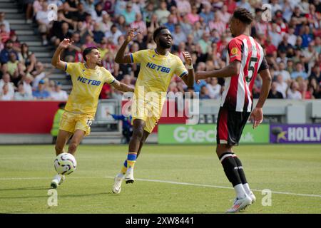 Londra, Regno Unito. 18 agosto 2024. Londra, Inghilterra, 18 agosto 2024: Odsonne Edouard (22 Crystal Palace) reazione al suo gol non consentito durante la partita di Premier League tra Brentford e Crystal Palace al Gtech Community Stadium di Londra, Inghilterra. (Pedro Porru/SPP) credito: SPP Sport Press Photo. /Alamy Live News Foto Stock