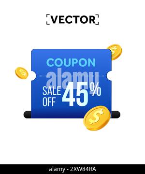 coupon 3d con codice coupon, monete dorate, percentuale di sconto proveniente da una fessura, isolato su sfondo bianco. Modello di banner per voucher regalo con sconto speciale. illustrazione vettoriale 3d. Illustrazione vettoriale Illustrazione Vettoriale