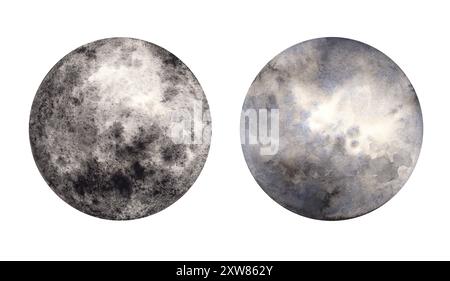 Luna dipinta ad acquerello. Set di lune blu scuro disegnate a mano su uno sfondo isolato. Design moderno disegnato a mano per la stampa, design magico, Foto Stock