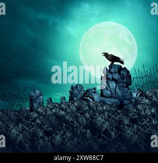 Inquietante cimitero e sfondo di grave Yard come una inquietante tomba infestata dai fantasmi con un corvo di notte sulla luna piena come simbolo di Halloween. Foto Stock
