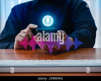 Concetto di tecnologia delle applicazioni di ricerca vocale per conversazioni. Grafica audio a onde sonore digitali sullo smartphone mentre l'uomo preme il pulsante del microfono virtuale. Foto Stock