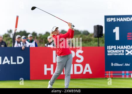 Ayrshire settentrionale, Scozia. 18 agosto 2024. Lauren Coughlin inizia il suo ultimo round dell'ISPS HANDA Women's Scottish Open 2024 a Dundonald Links. Foto Stock