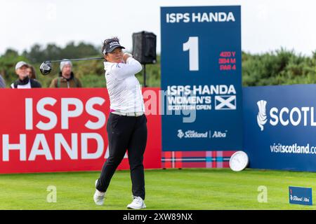 Ayrshire settentrionale, Scozia. 18 agosto 2024. Megan Khang inizia il suo ultimo round dell'ISPS HANDA Women's Scottish Open 2024 a Dundonald Links. Foto Stock