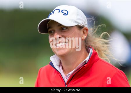 Ayrshire settentrionale, Scozia. 18 agosto 2024. Lauren Coughlin sorride durante l'ultimo round dell'ISPS HANDA Women's Scottish Open 2024 a Dundonald Links. Foto Stock