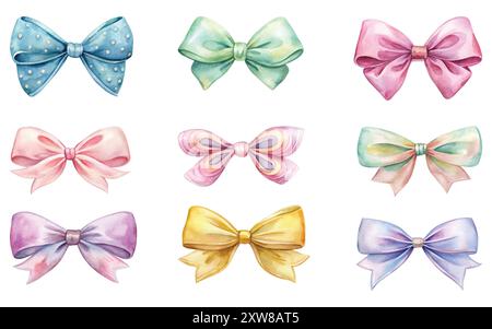 Coquette acquerello Bow Set Clipart sfondo grafico su sfondo bianco, illustrazione vettoriale Illustrazione Vettoriale