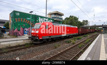 Eisenbahnverkahr auf der Bahnstrecke Münster - Hamm. Güterzug der Deutsche Bahn bei der Fahrt durch den Bahnhof Münster-Hiltrup. Der Zug ist bespannt mit einer e-Lokomotive der Baureihe 185 Bombardier Traxx Münster, Nordrhein-Westfalen, DEU, Deutschland, 16.08.2024 *** traffico ferroviario sulla linea ferroviaria Münster Hamm treno merci Deutsche Bahn che passa per la stazione di Münster Hiltrup il treno è trainato da una locomotiva elettrica Bombardier Traxx Münster classe 185, Renania settentrionale-Vestfalia, DEU, Germania, 16 08 2024 Foto Stock