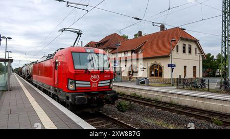 Eisenbahnverkahr auf der Bahnstrecke Münster - Hamm. Güterzug der Deutsche Bahn bei der Fahrt durch den Bahnhof Münster-Hiltrup. Der Zug ist bespannt mit einer e-Lokomotive der Baureihe 193 Siemens Vectron von Siemens Mobility. Münster, Nordrhein-Westfalen, DEU, Deutschland, 16.08.2024 *** traffico ferroviario sulla linea ferroviaria Münster Hamm Deutsche Bahn che passa per la stazione di Münster Hiltrup il treno è trainato da una locomotiva elettrica Siemens Vectron classe 193 della Siemens Mobility Münster, Renania settentrionale-Vestfalia, DEU, Germania, 16 08 2024 Foto Stock