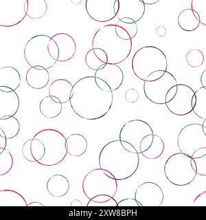 Forma circolare astratta colorata motivo senza cuciture. Il pennello rosa e verde sovrapposti circola l'illustrazione dell'acquerello sul bianco. Forma geometrica. Foto Stock