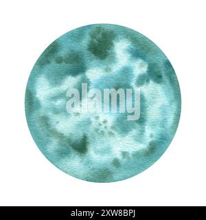 Magical Aqua Full Moon, acquerello, illustrazione isolata, clip art. Sereno astratto pianeta notturno con crateri. Atmosfera mistica con luna dai toni dell'acqua. Foto Stock