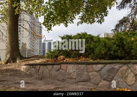 Foglie autunnali sparse alla base di una siepe sempre curata, su un muro di contenimento in pietra, lo skyline della città e gli alberi sullo sfondo. Preso a Tor Foto Stock