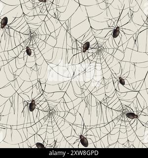 Rete nera fine lacy e ragni realistici. Motivo ad acquerello disegnato a mano su sfondo beige in stile gotico. Adatto per Halloween e Day of the De Foto Stock