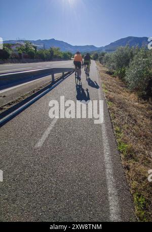 Pista ciclabile separata parallela a una strada locale. Ciclisti in circolazione Foto Stock