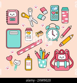 Carino set di forniture scolastiche. N. Cat. Torna a scuola. Illustrazione Vettoriale