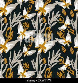 Moderno motivo blockprint in tessuto stampato con fiori selvatici e texture in lino. Motivi floreali boho scuri disegnati a mano stilizzati per elementi di design decorativi Foto Stock