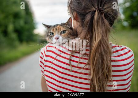 Donna che scende lungo la strada con calico Cat, passeggiata tranquilla con animale domestico, vista posteriore, gattino testa a spalla Foto Stock