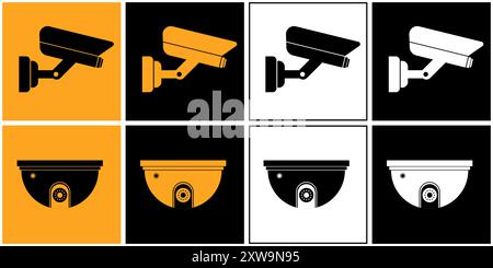 Simbolo e simbolo della telecamera CCTV in funzione. Illustrazione vettoriale. Illustrazione Vettoriale