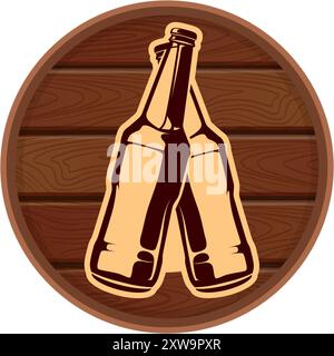 Botte di legno con etichetta delle bottiglie di birra. Emblema della bevanda Illustrazione Vettoriale