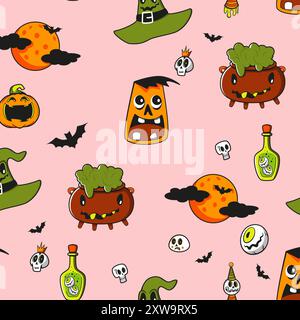 Simpatico motivo Halloween senza cuciture. Cappello, funghi, veleno, cappello strega, pipistrello, Skull Pink background kids print Illustrazione Vettoriale