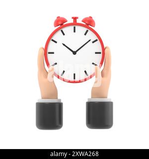 Proteggere il tempo. Concetto di risparmio di tempo. Un uomo d'affari in mano tiene un orologio, sveglia. illustrazione 3d disegno piatto. Salvare l'orologio. Controllare il tempo. Succe Foto Stock