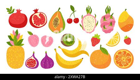 Set di cartoni animati disegnati a mano con frutta o bacche. Arancia a fette, fichi di papaya, ananas litchi, frutta di drago arte alla moda con consistenza. Kiwi succoso, melograno di mango banana, vettoriale di doodle alla fragola e ciliegia Illustrazione Vettoriale